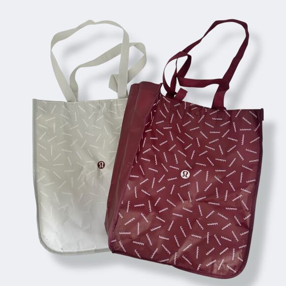 Lululemon Red White Set Of Two Medium Reusable Shopping Tote Bags Snap Closure - Picture 1 of 4